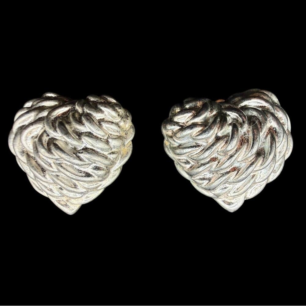 Vintage Anne Klein Silver Heart Textured Clip-On Earrings - 1.5”